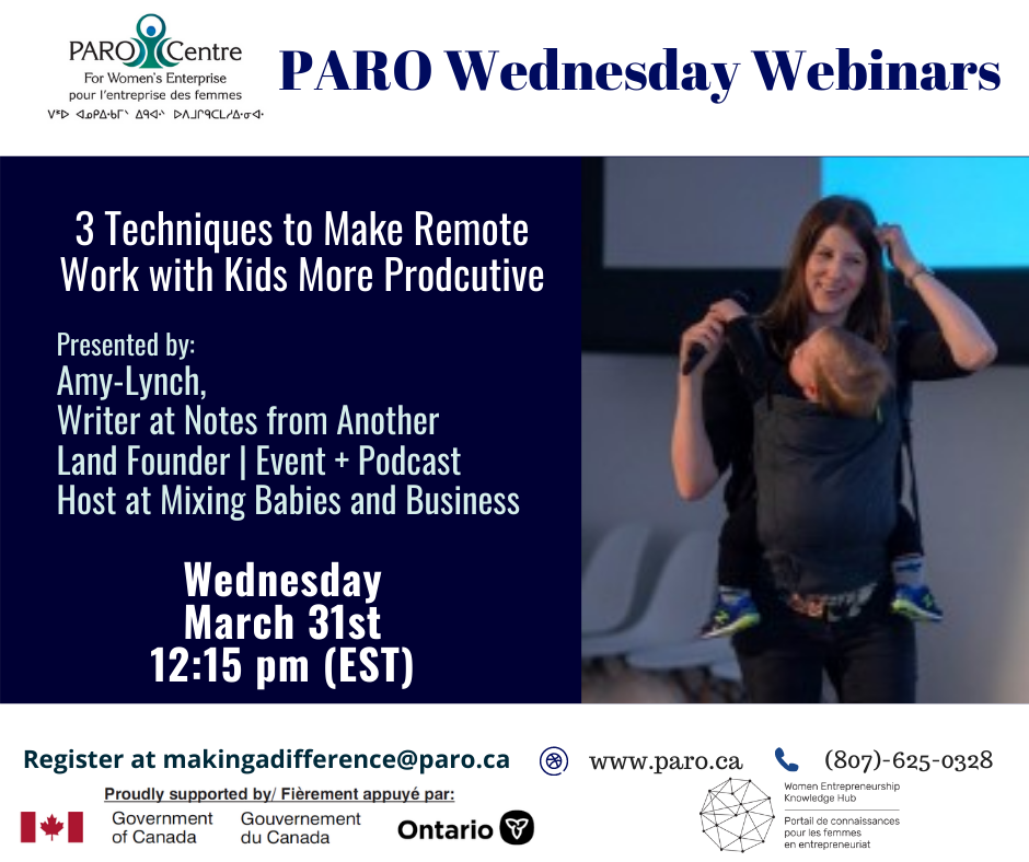 Amy Maureen Lynch babywearing and presenting a talk, webinar promotion photo for PARO Centre For Women's Enterprise.